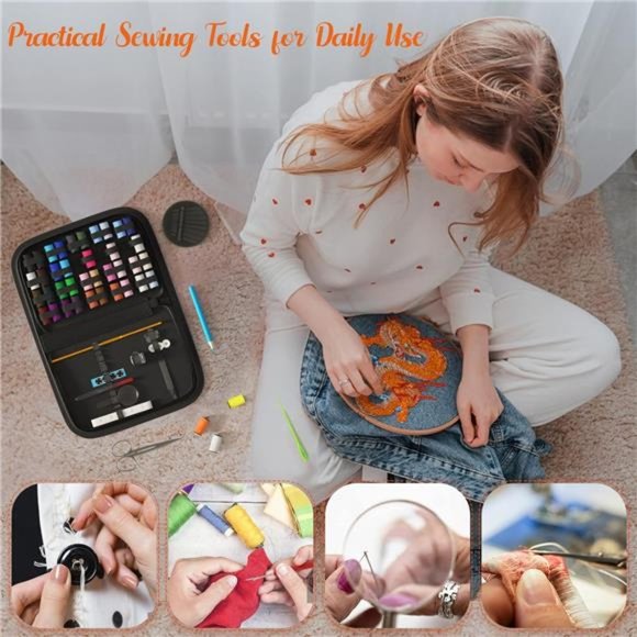 Sewing Kit with Scissors, Thimble, Thread, Sewing Needles (Black, L) - Picture 5 of 6